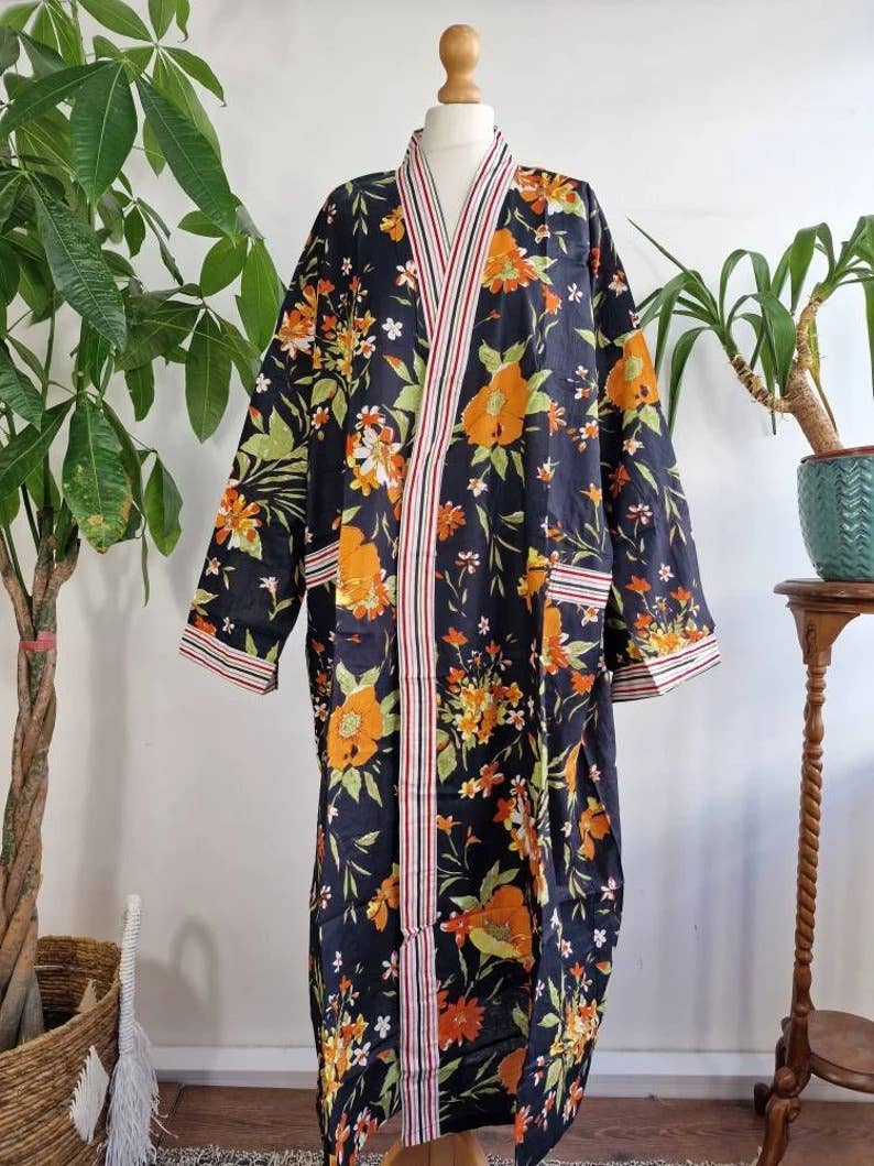 Plus Size Cotton Kimono Robe Black Orange Gardenia Bloom UK 18 24