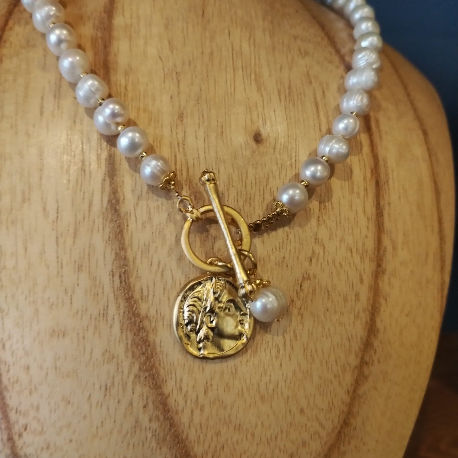 Freshwater Pearl Necklace with Gold Coin Charm