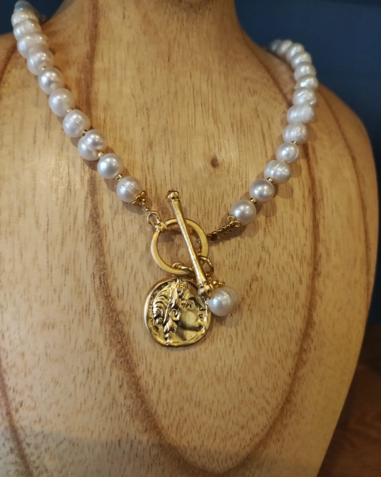 Freshwater Pearl Necklace with Gold Coin Charm
