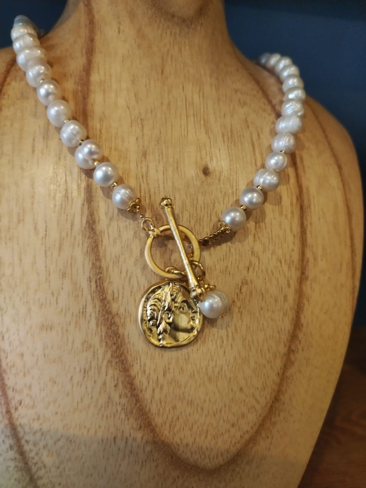 Freshwater Pearl Necklace with Gold Coin Charm