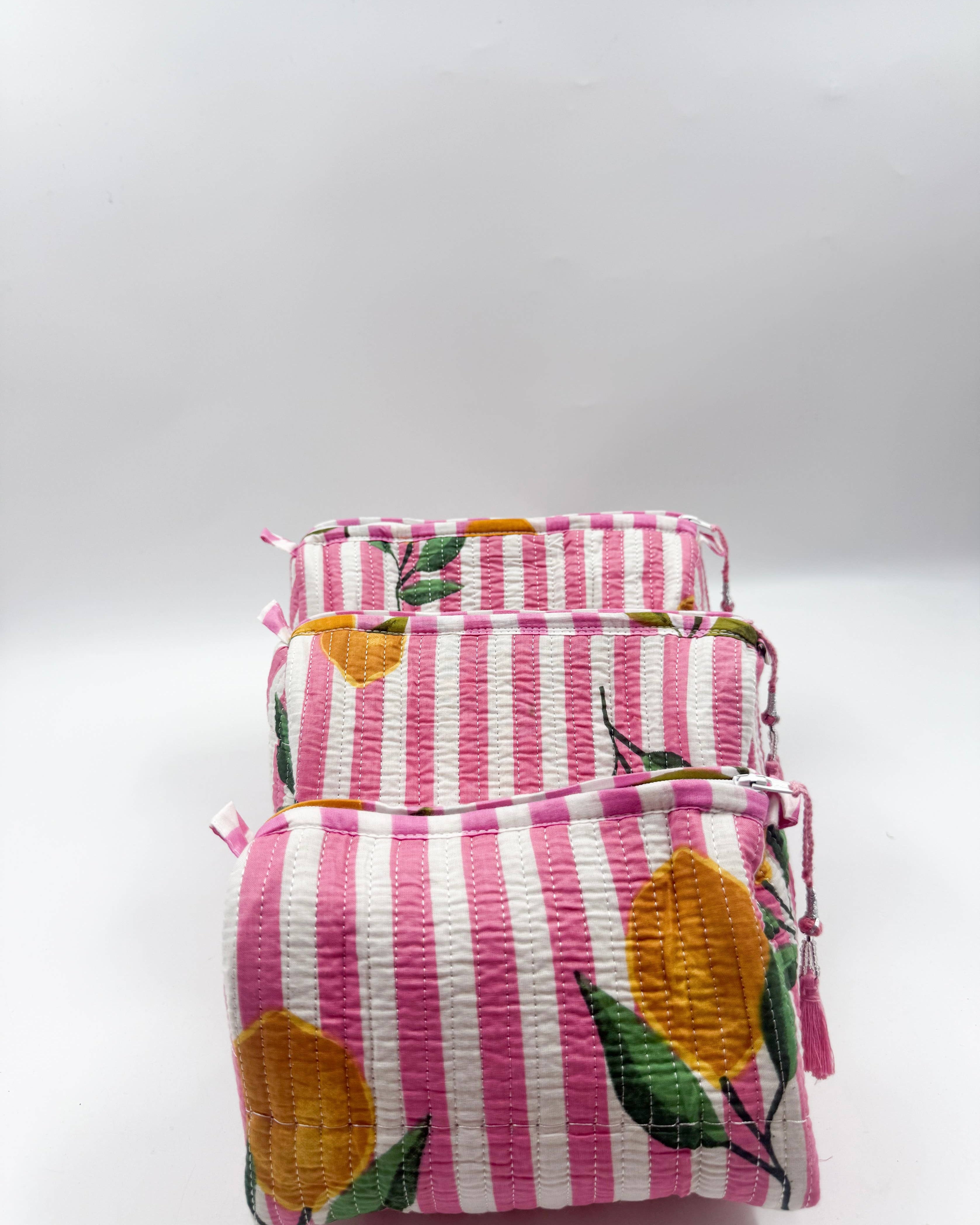 Set of Three Quilted Wash Bags with Pink Stripe and Lemon Print