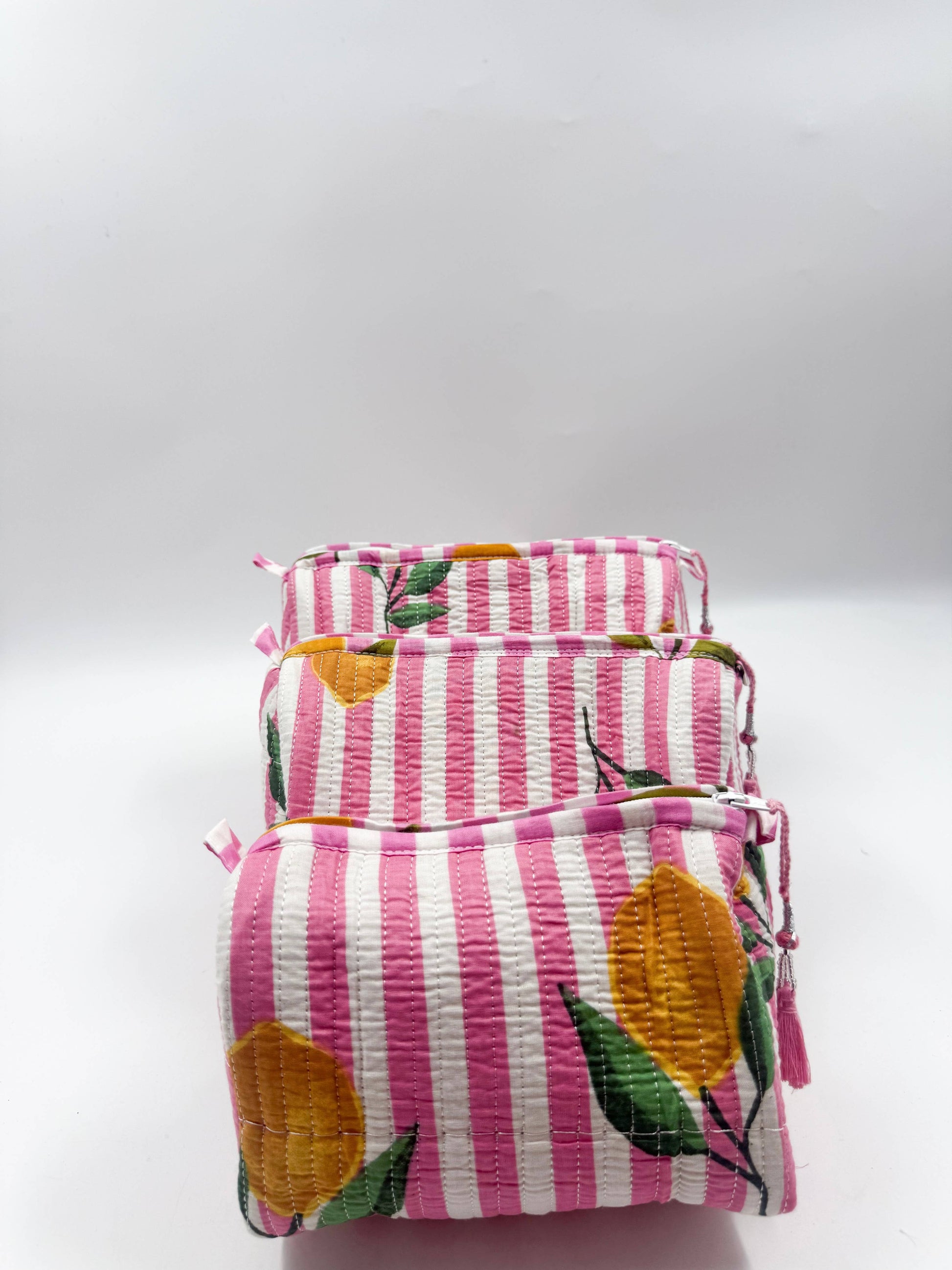 Set of Three Quilted Wash Bags with Pink Stripe and Lemon Print