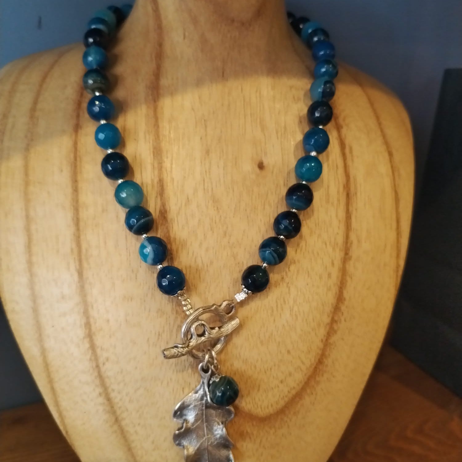 Blue Agate Necklace with Silver Oak Leaf