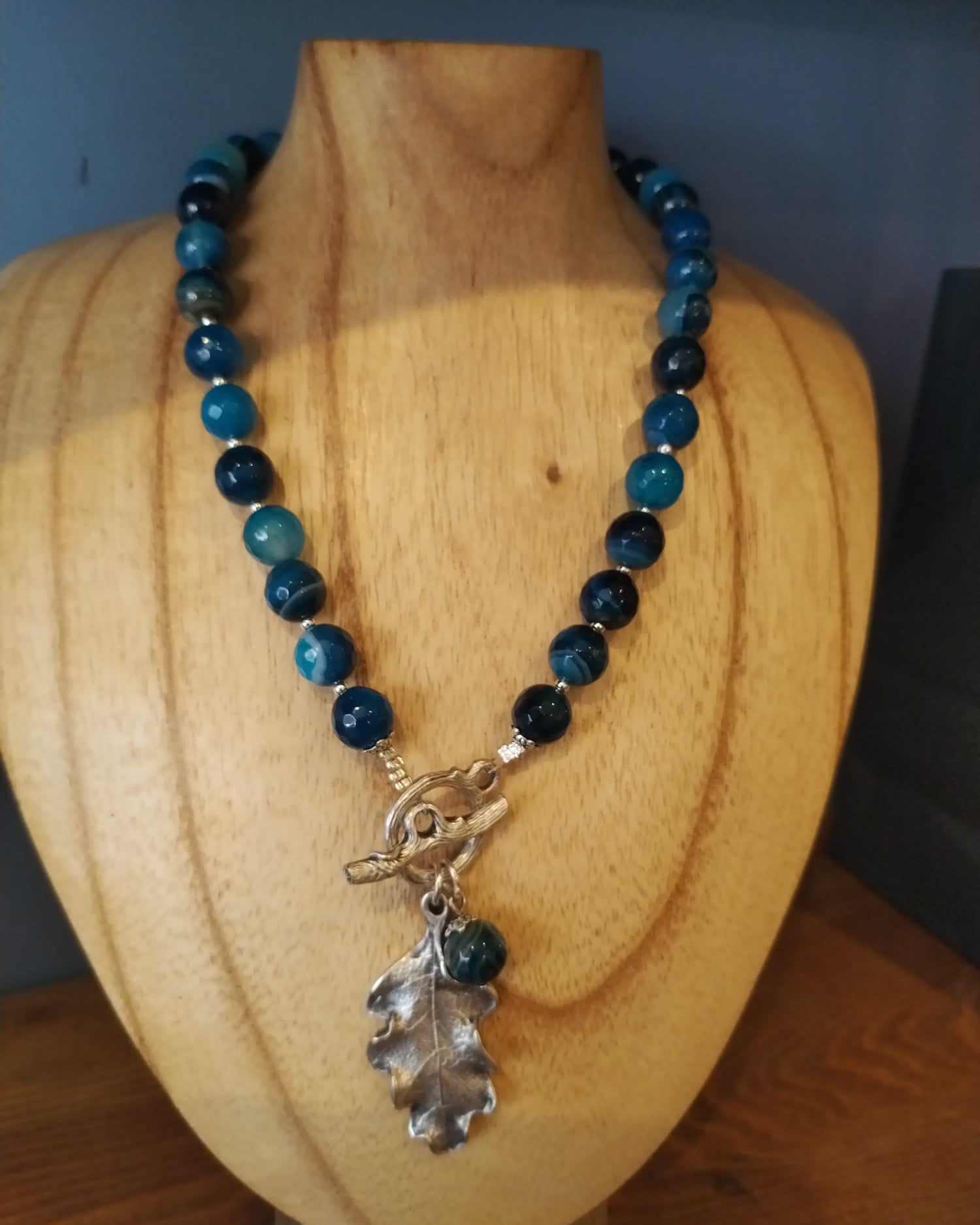Blue Agate Necklace with Silver Oak Leaf