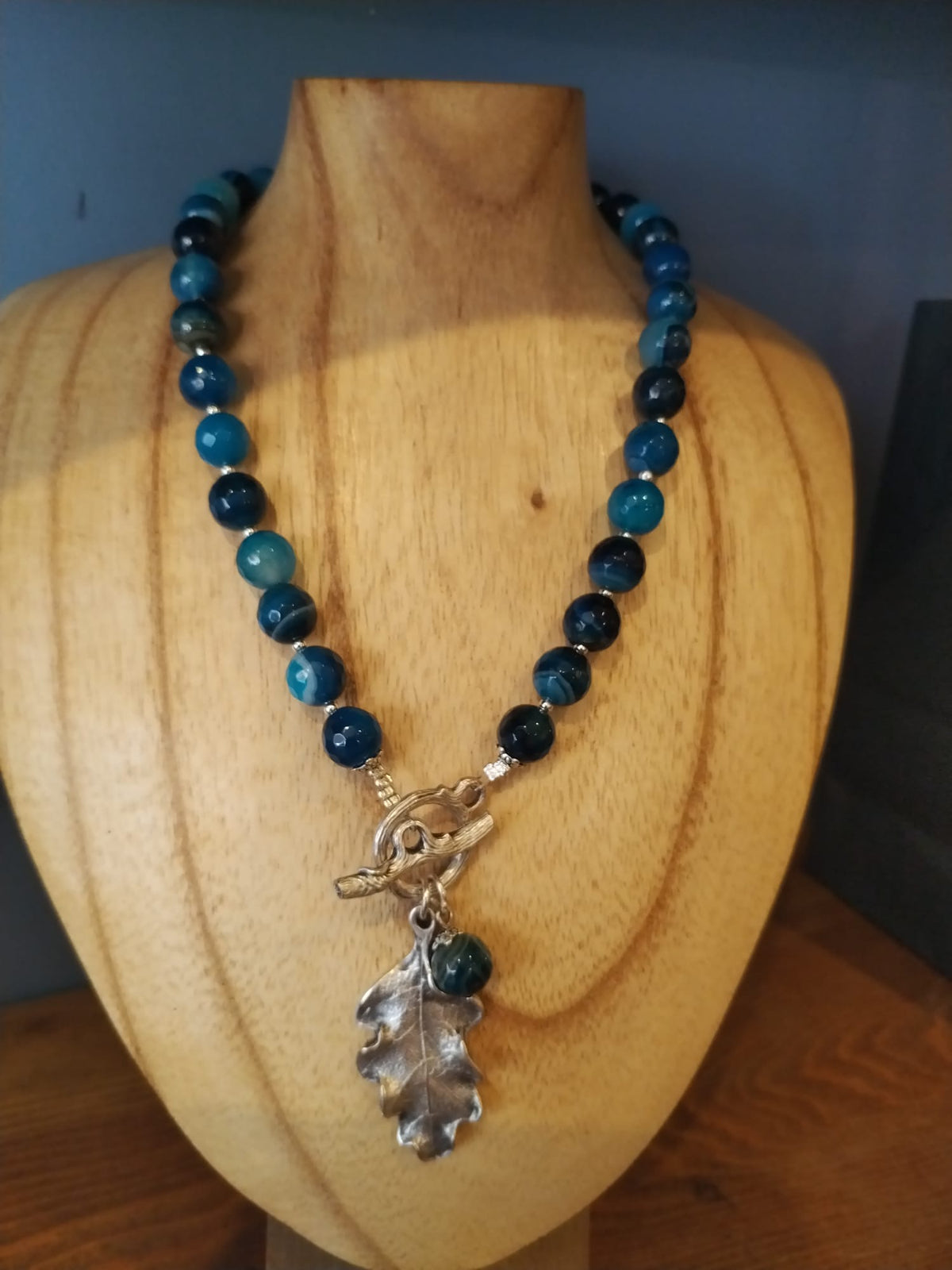 Blue Agate Necklace with Silver Oak Leaf