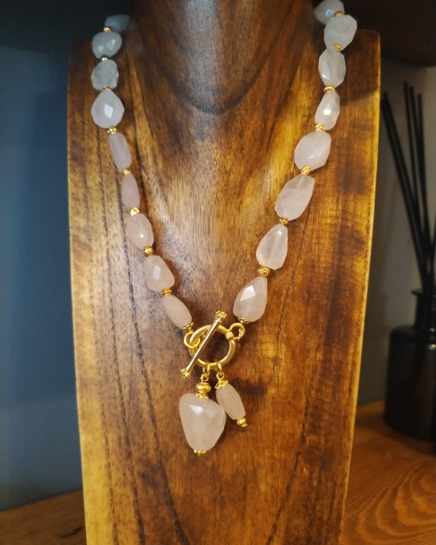 Rose Quartz Necklace with Gold Details 44cm