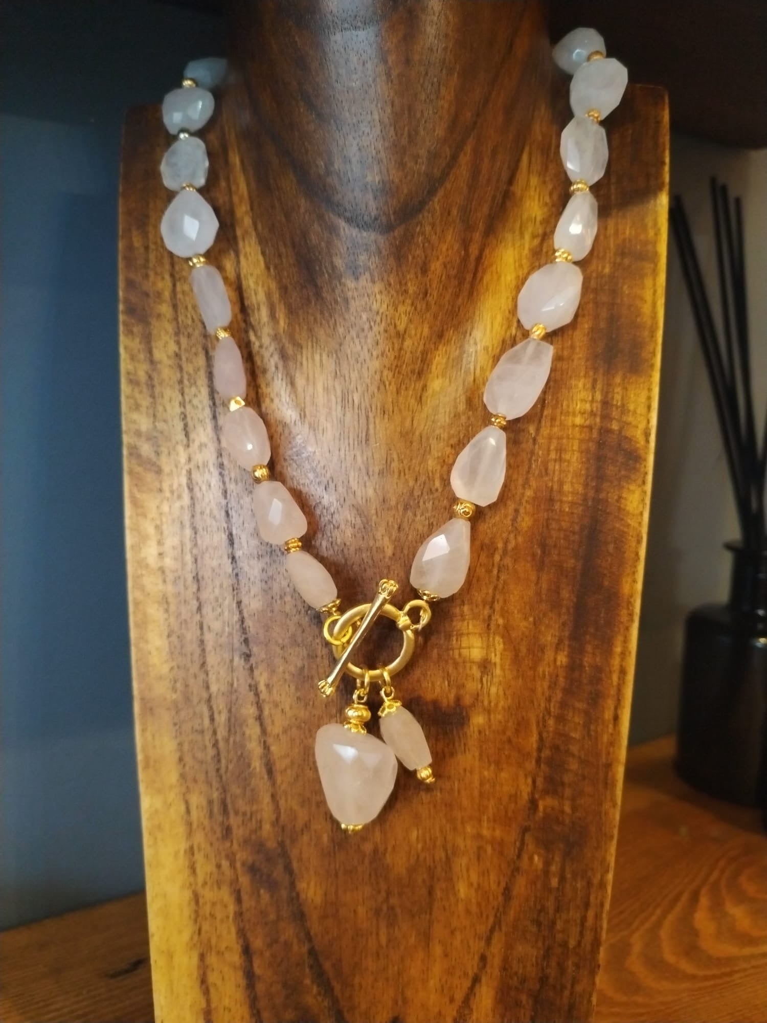 Rose Quartz Necklace with Gold Details 44cm