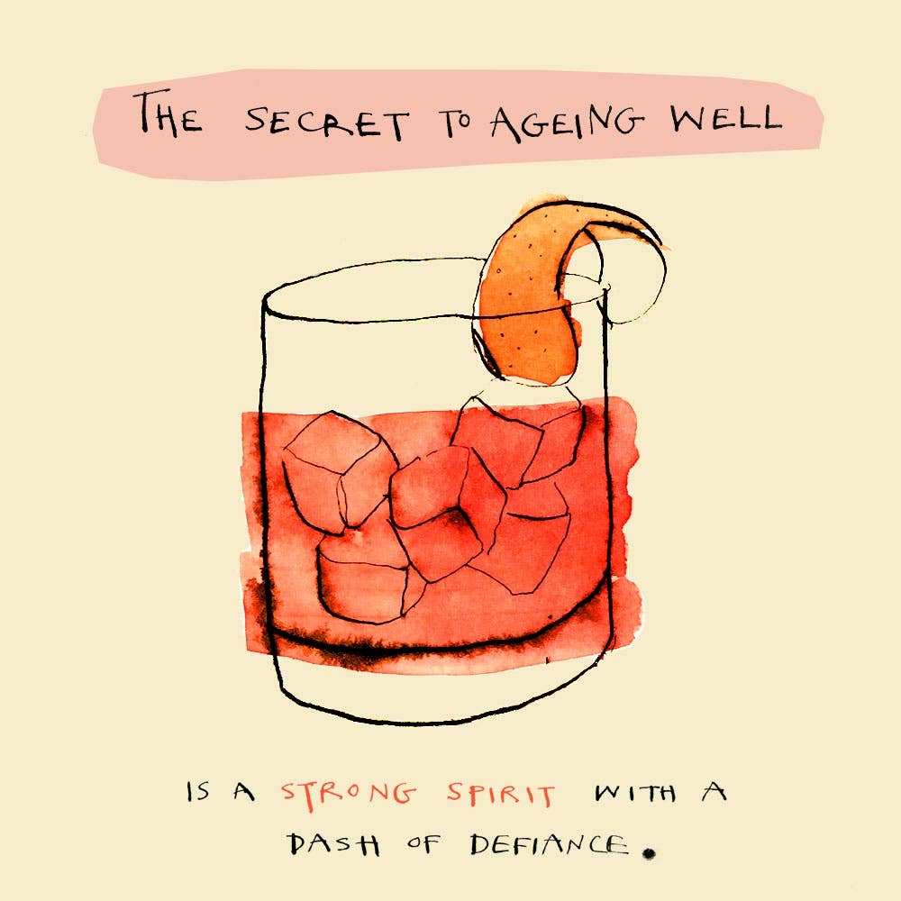 Illustration of a cocktail with ice and an orange slice, accompanied by text on a beige background.