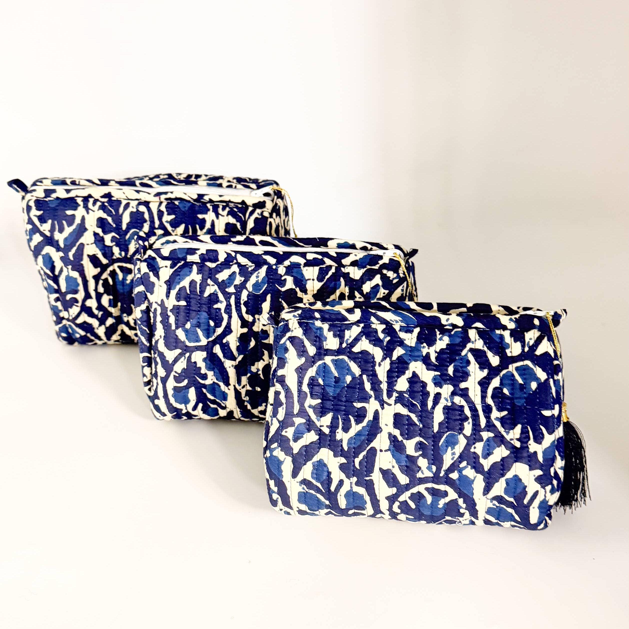 Set of Three Quilted Wash Bags with Blue and White Print