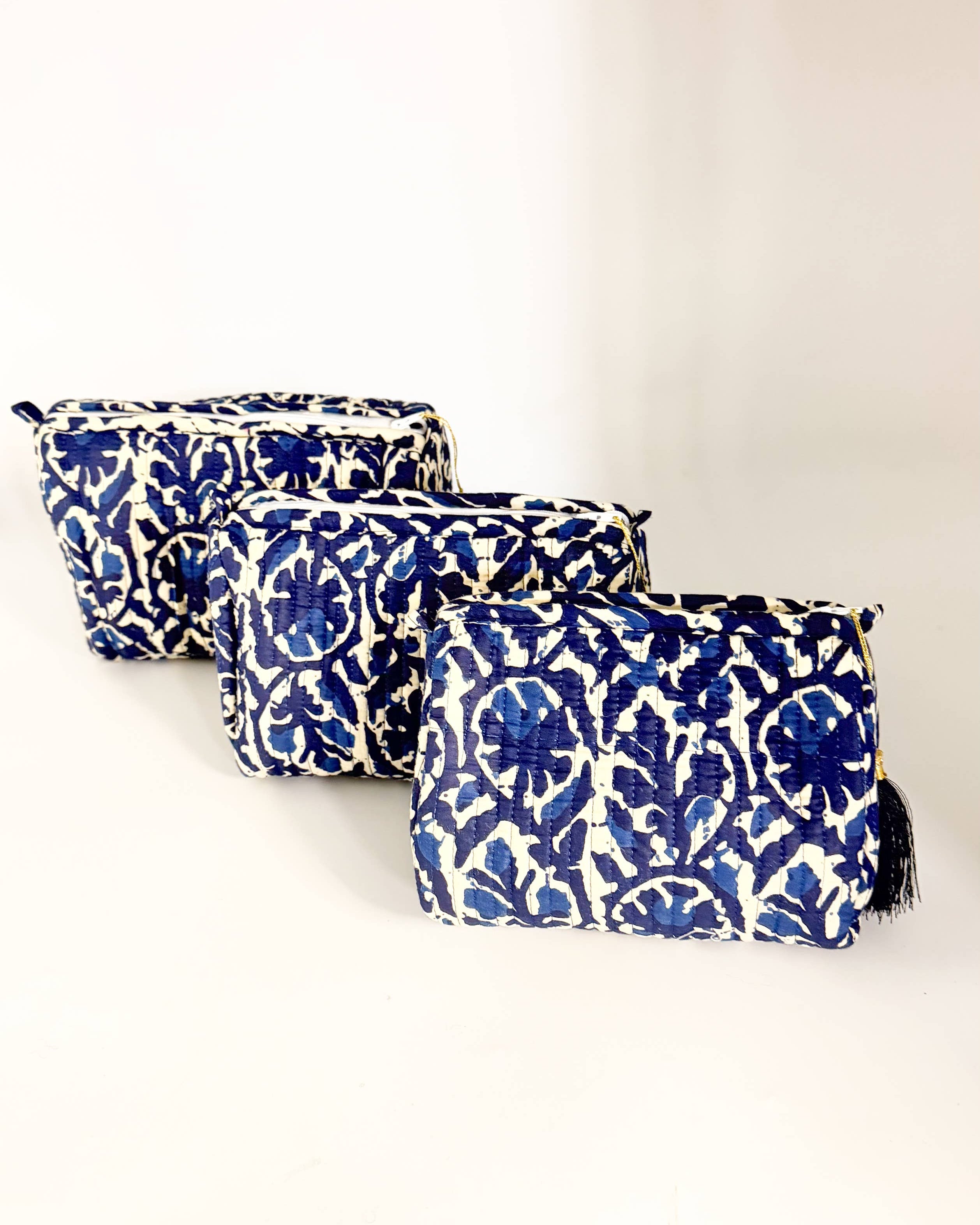 Set of Three Quilted Wash Bags with Blue and White Print
