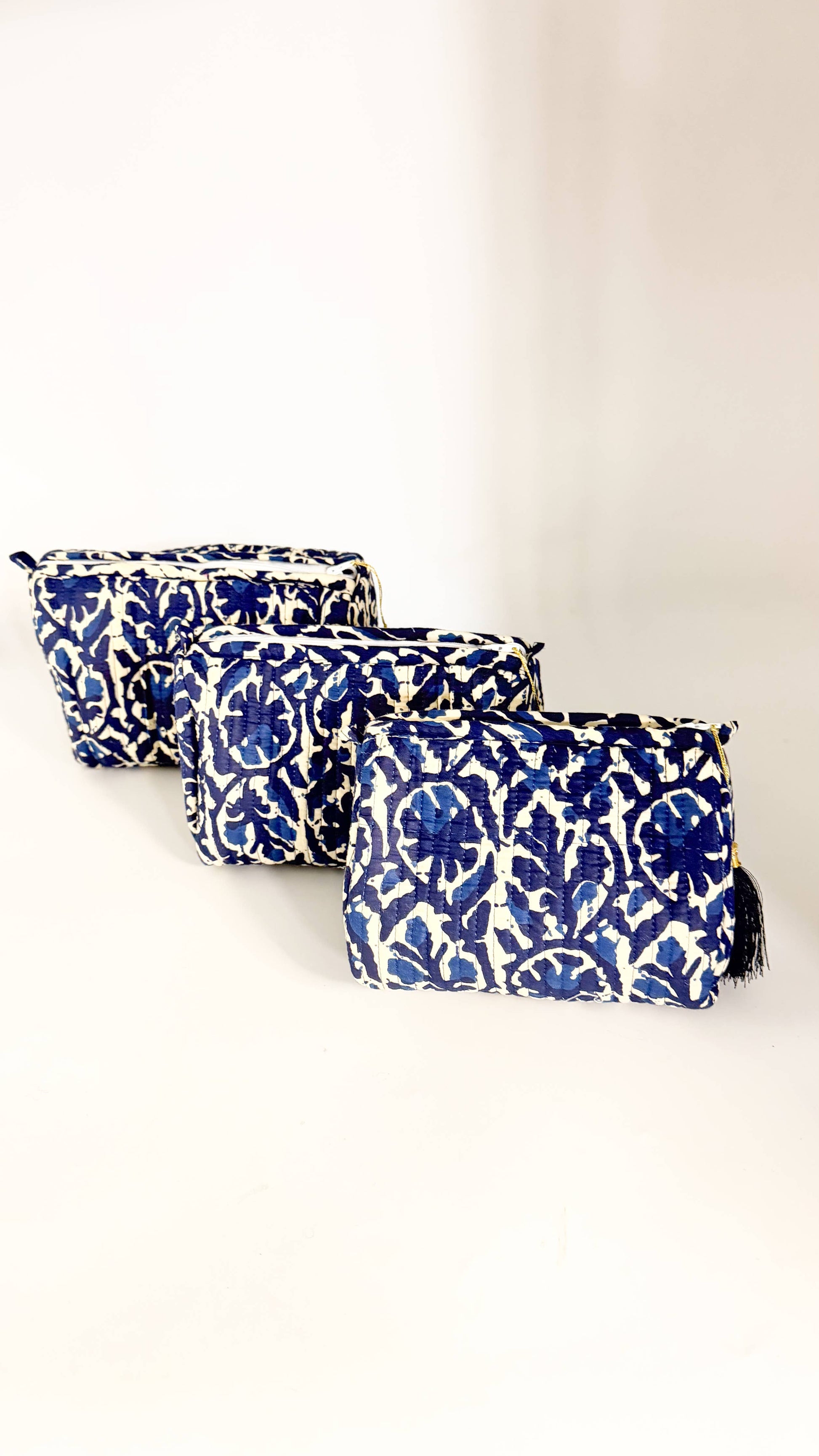 Set of Three Quilted Wash Bags with Blue and White Print