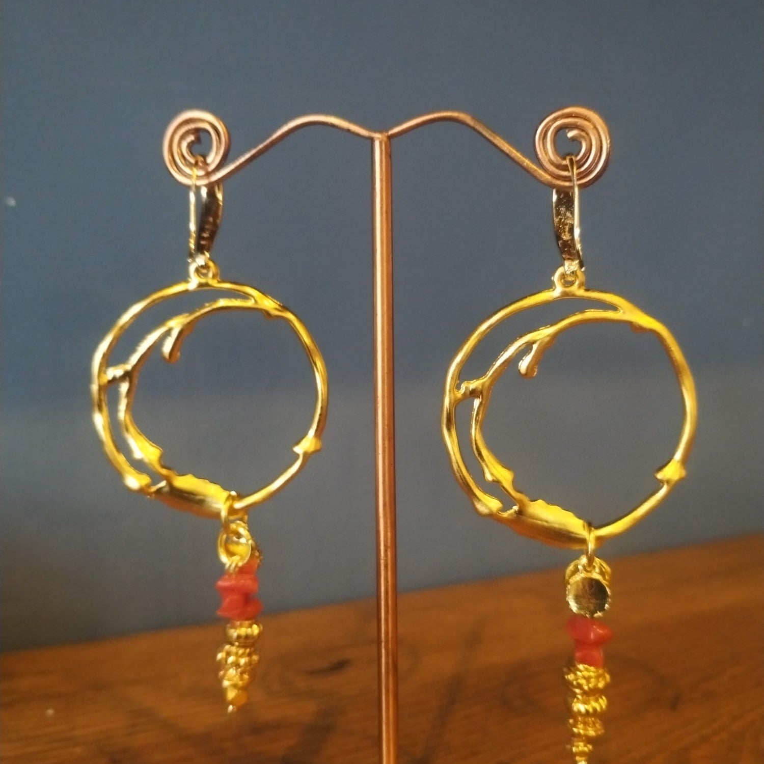 Irregular Gold Hoop Earrings with Coral Stones Handmade in Bristol