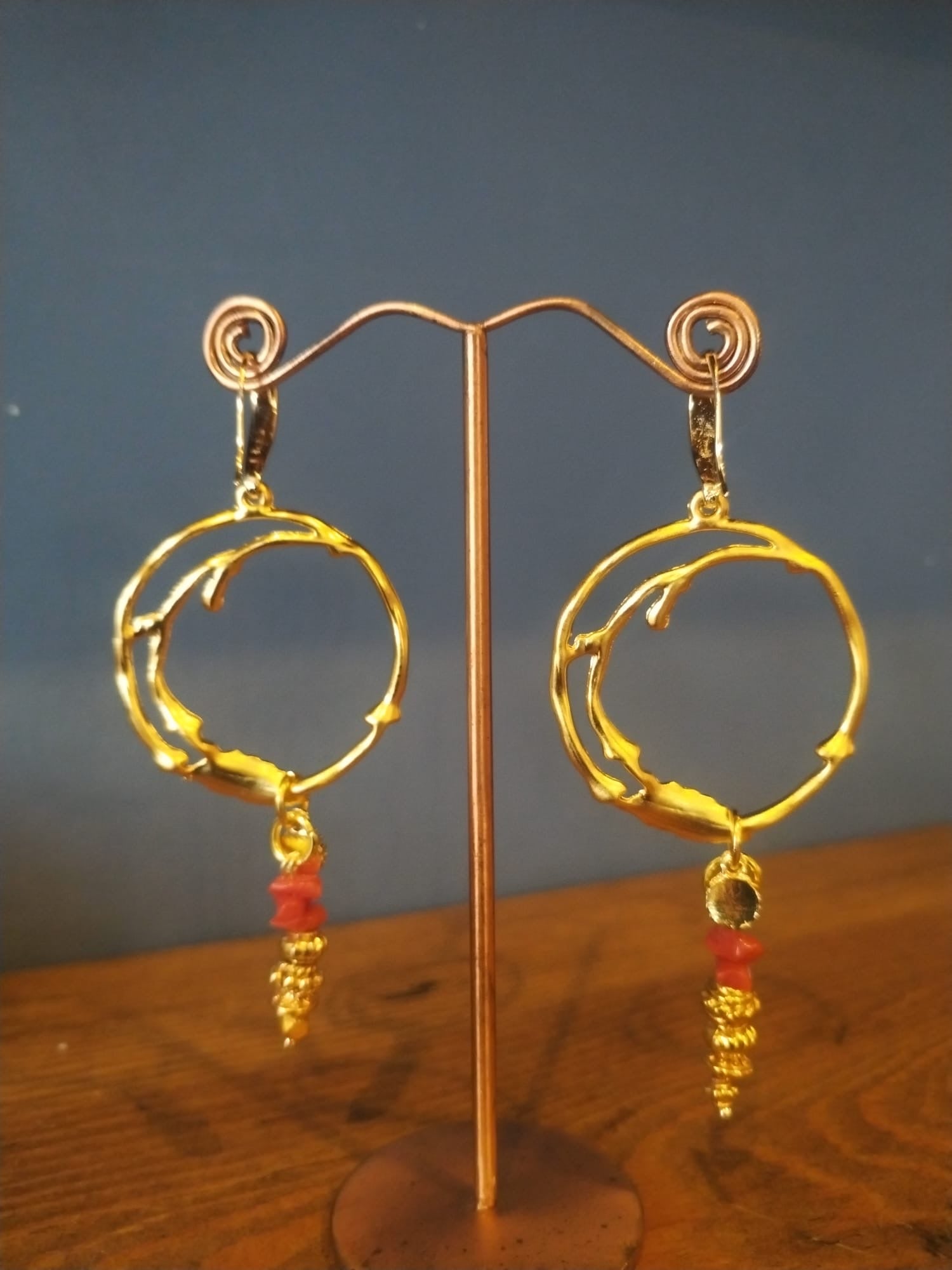 Irregular Gold Hoop Earrings with Coral Stones Handmade in Bristol