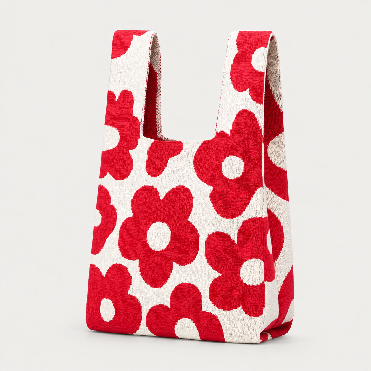 Red Retro Floral Knitted Tote Bag Medium by Tokii