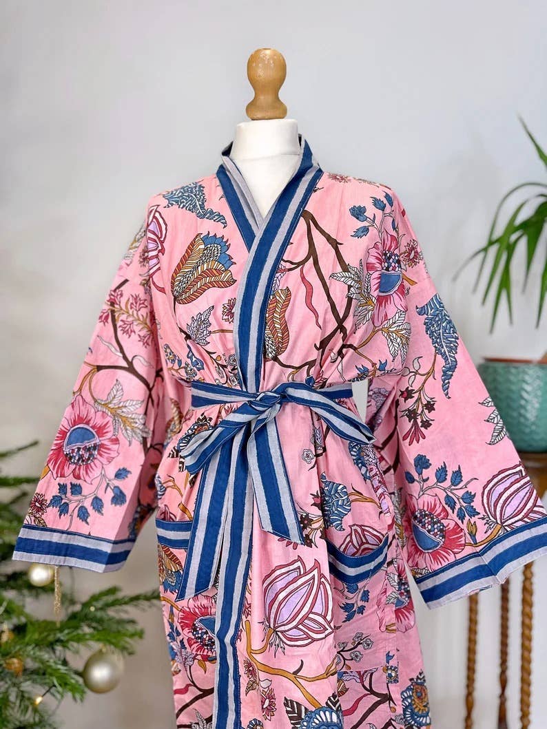 Cotton Kimono Robe Pink &  Blue Paradise Stripe UK 10 18