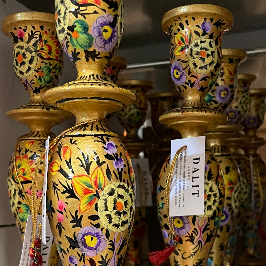 Wooden Candle Stick Holder 12" | Gold Floral