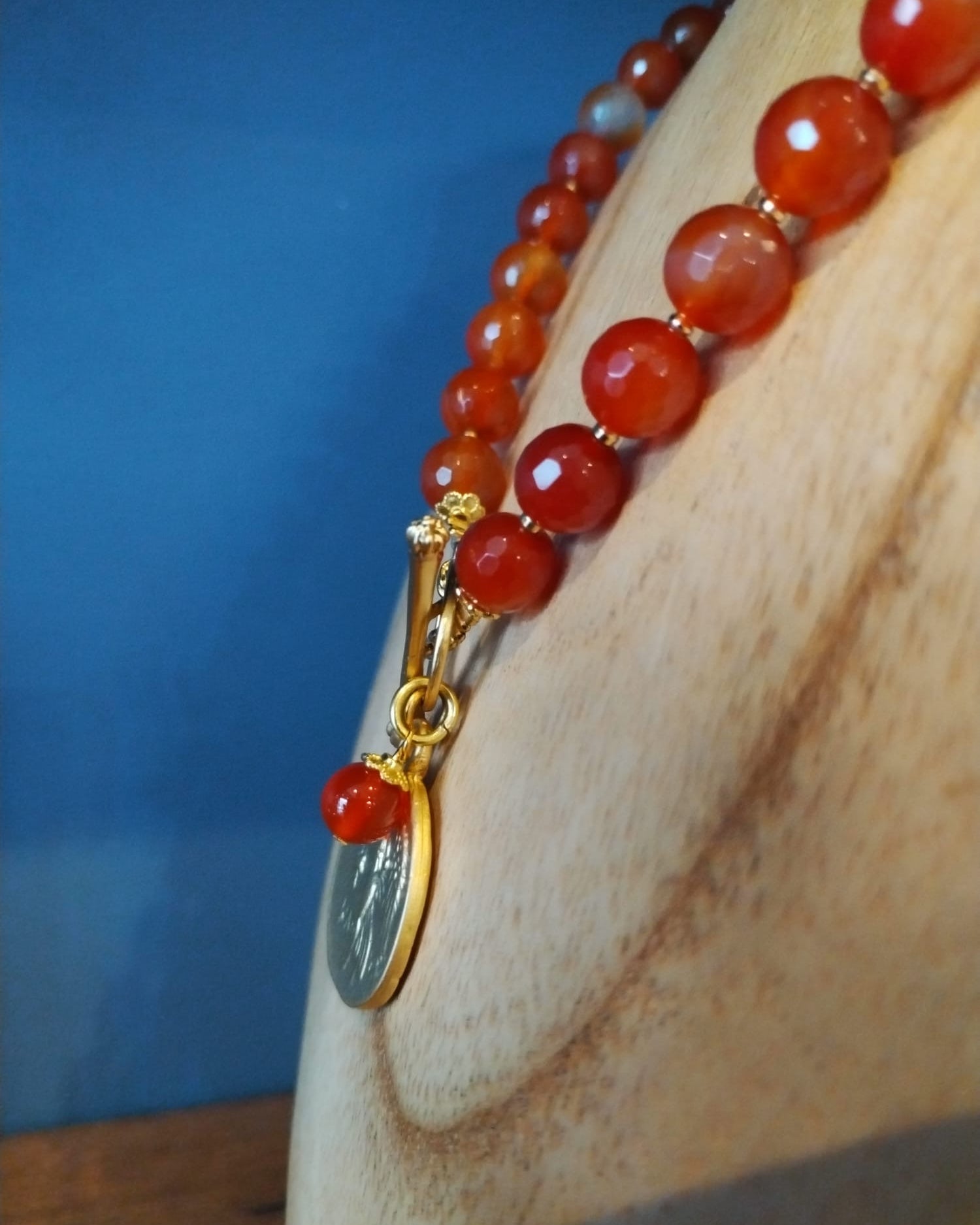 Carnelian Necklace with Gold Roman Coin Charm
