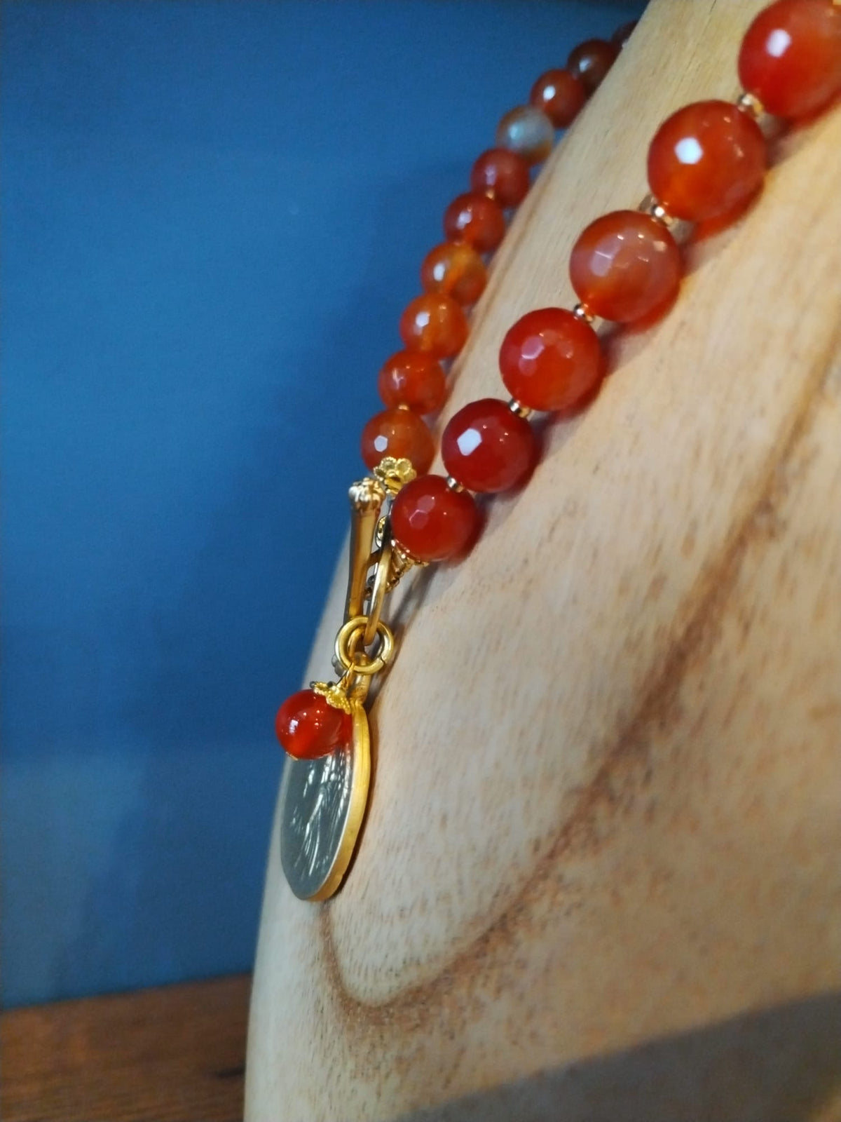 Carnelian Necklace with Gold Roman Coin Charm
