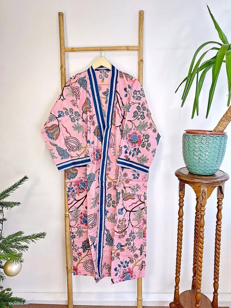 Cotton Kimono Robe Pink &  Blue Paradise Stripe UK 10 18