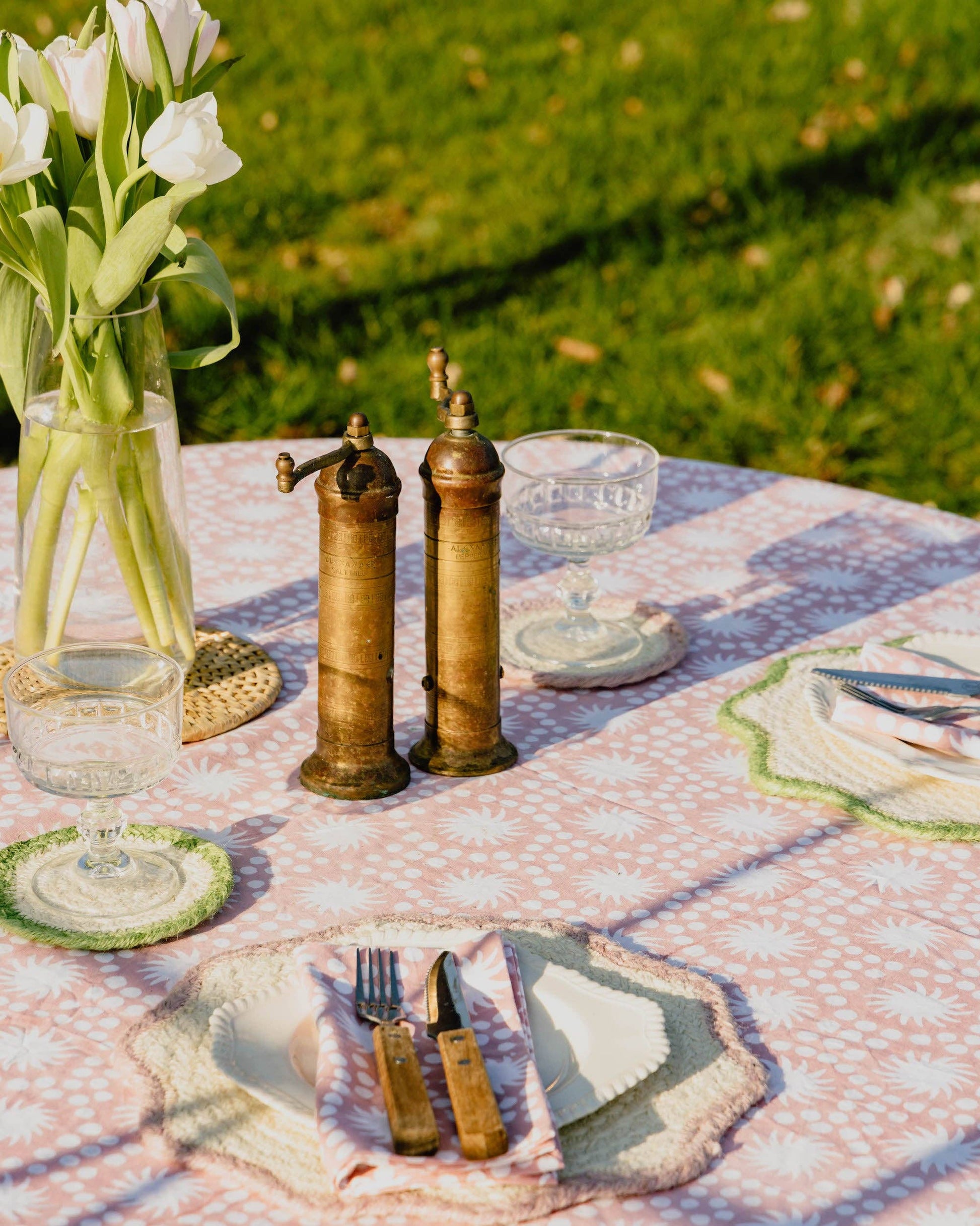 Sunburst Block Print Tablecloth Olive Green Cotton 180 x 280 cm