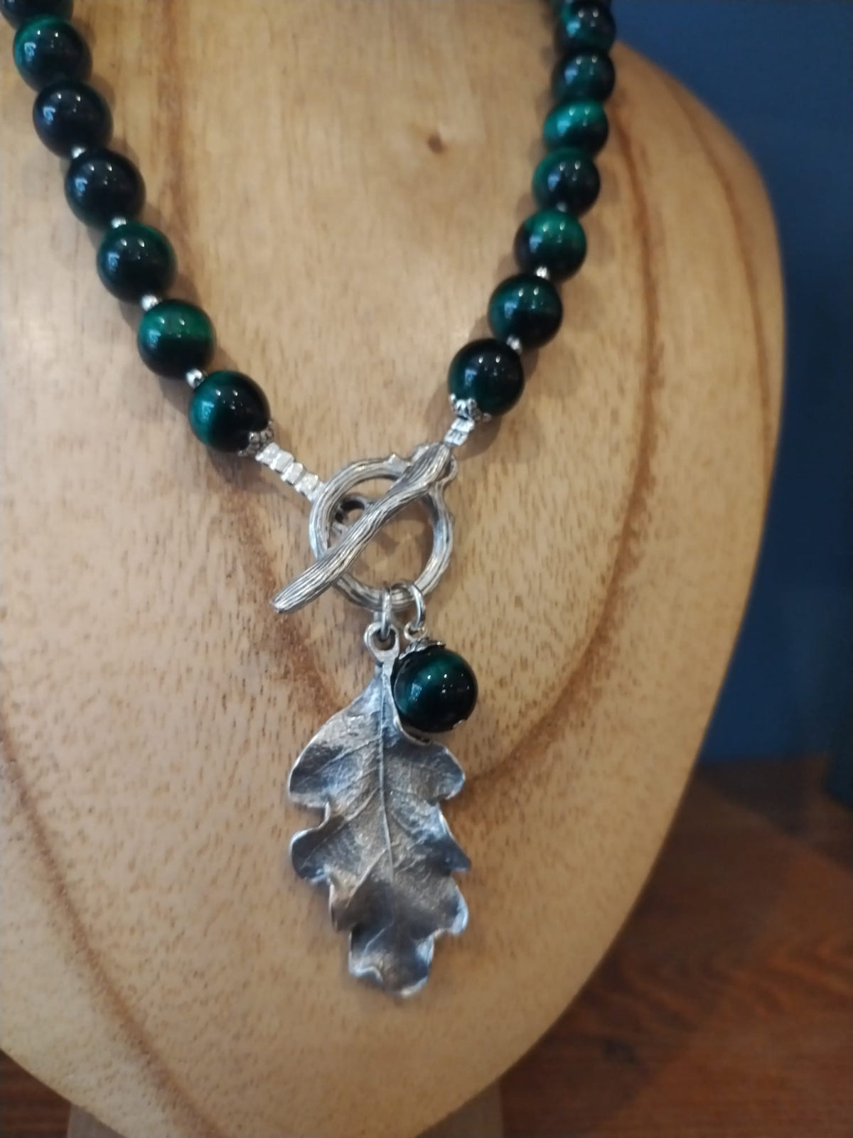 Green Tiger’s Eye Necklace with Silver Oak Leaf