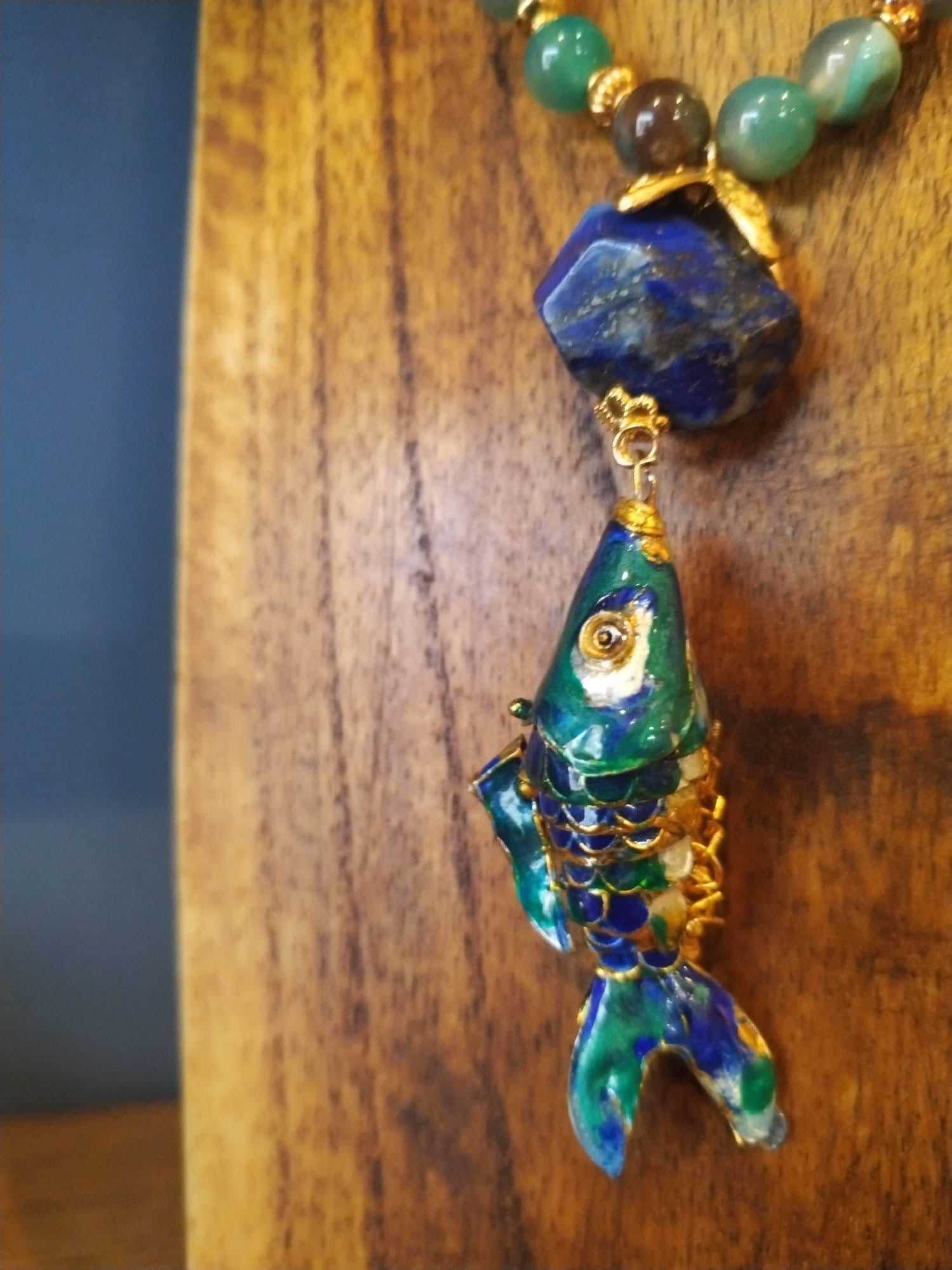 Long Lapis And Agate Bead Necklace With Enamel Fish Charm