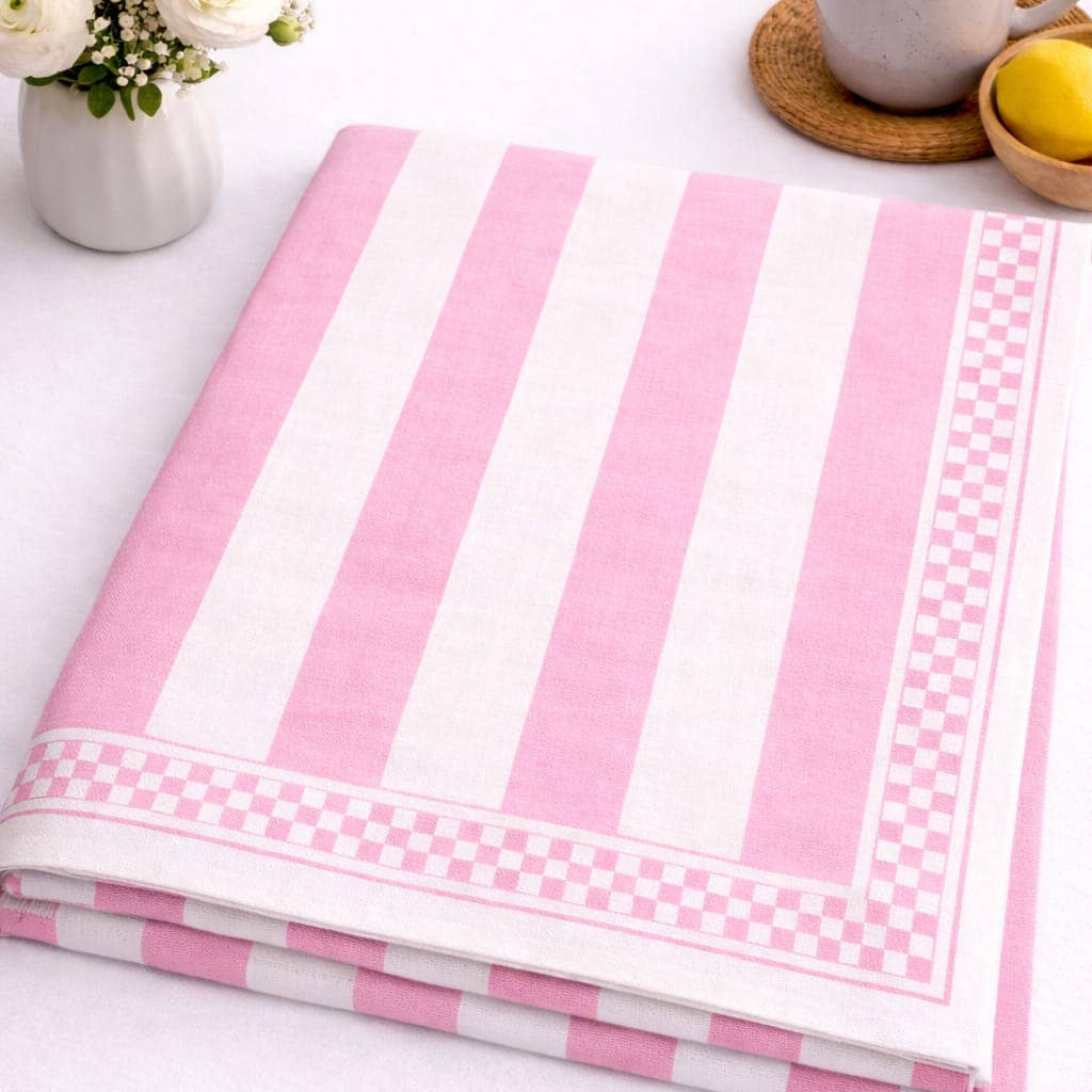 Pink and White Stripe Cotton Tablecloth