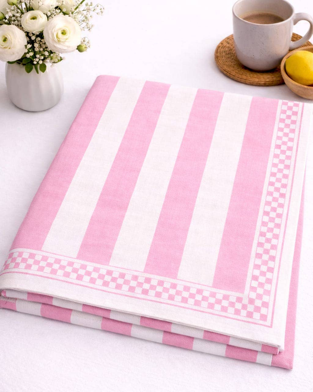 Pink and White Stripe Cotton Tablecloth