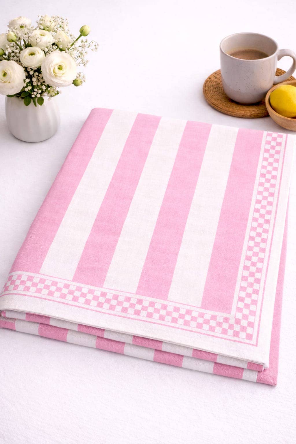 Pink and White Stripe Cotton Tablecloth