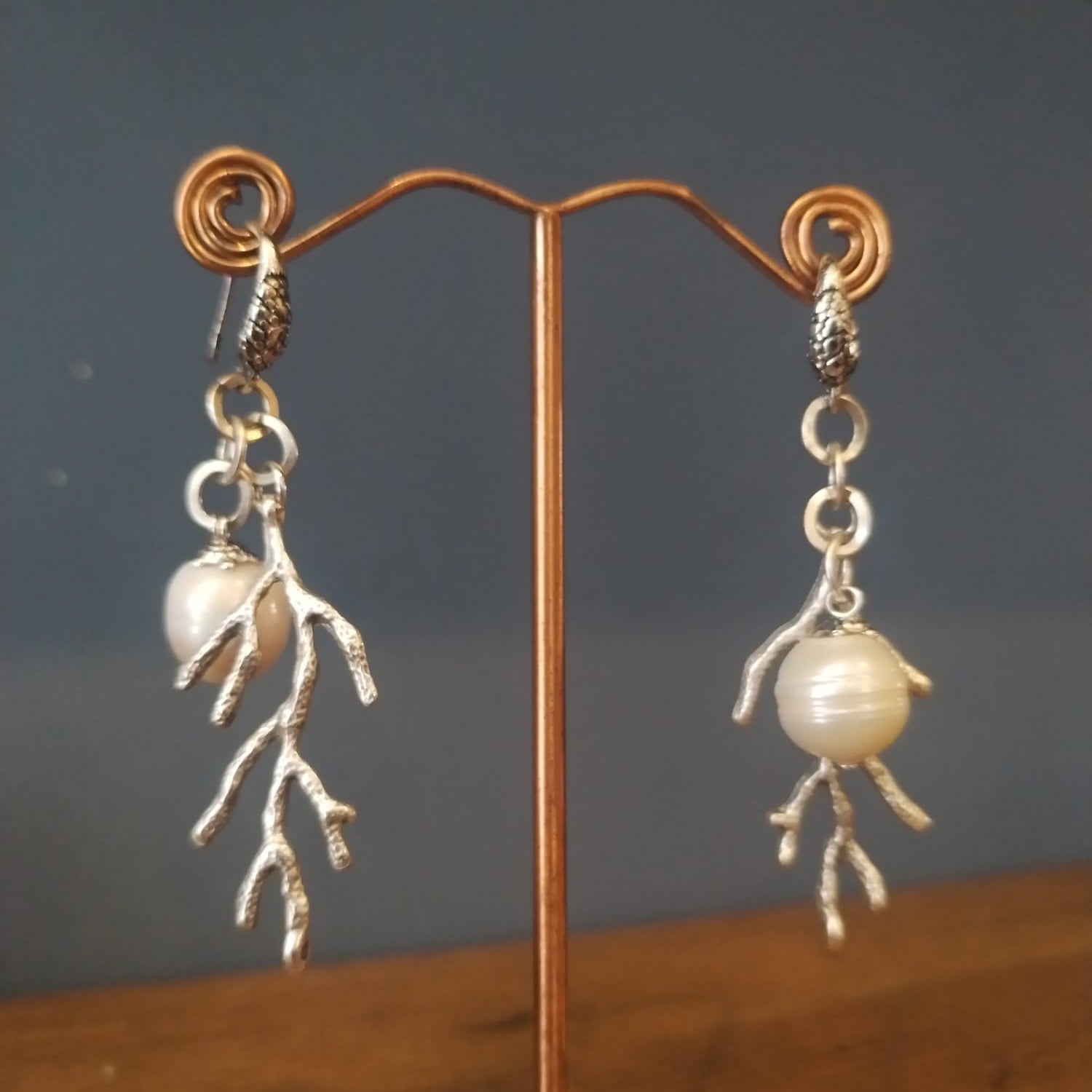 Freshwater Pearl Earrings With Silver Coral Charms