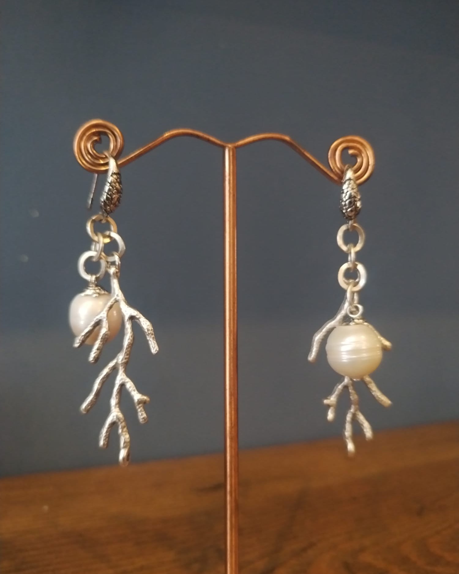 Freshwater Pearl Earrings With Silver Coral Charms
