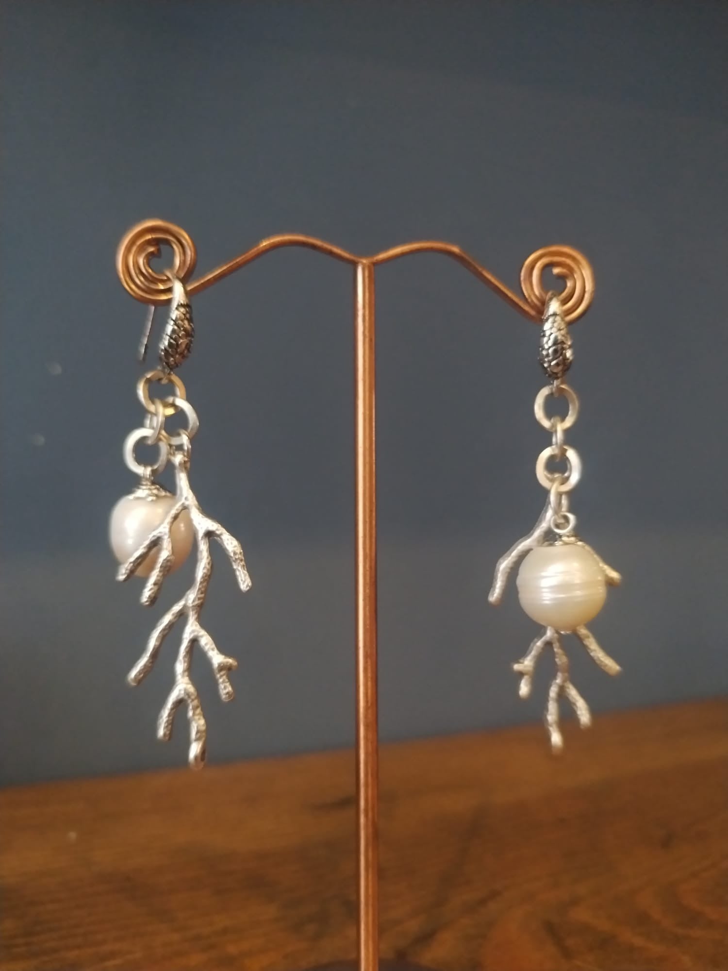 Freshwater Pearl Earrings With Silver Coral Charms