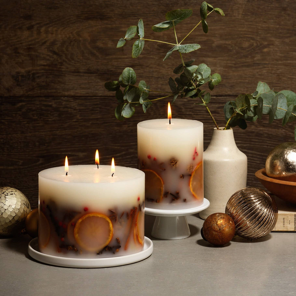 Winter Botanical Christmas Pillar Candle – 3 Wick