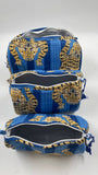 Blue and gold tiger-patterned bag on a white background