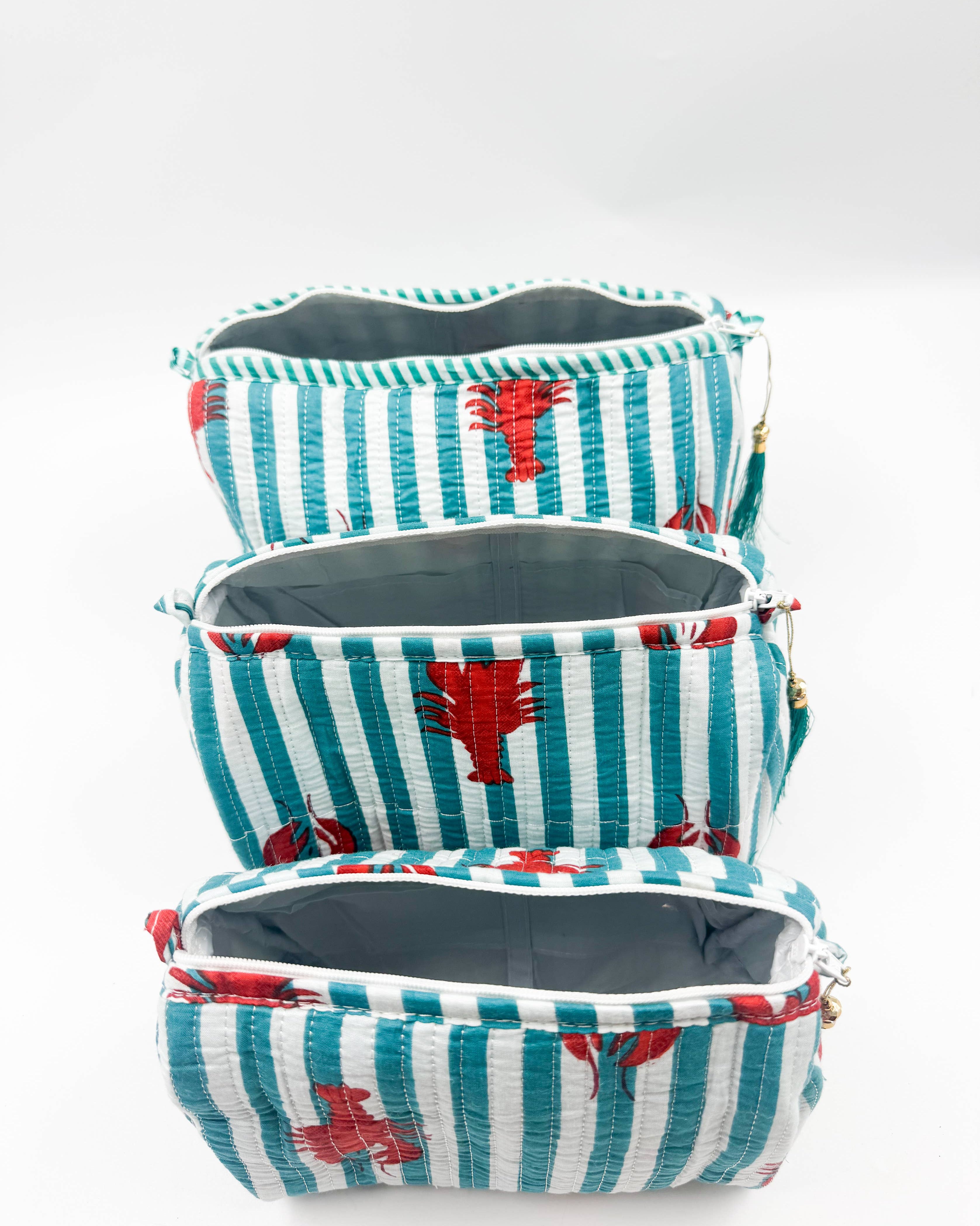 Set of Three Quilted Wash Bags with Turquoise & White Stripe Lobster Print