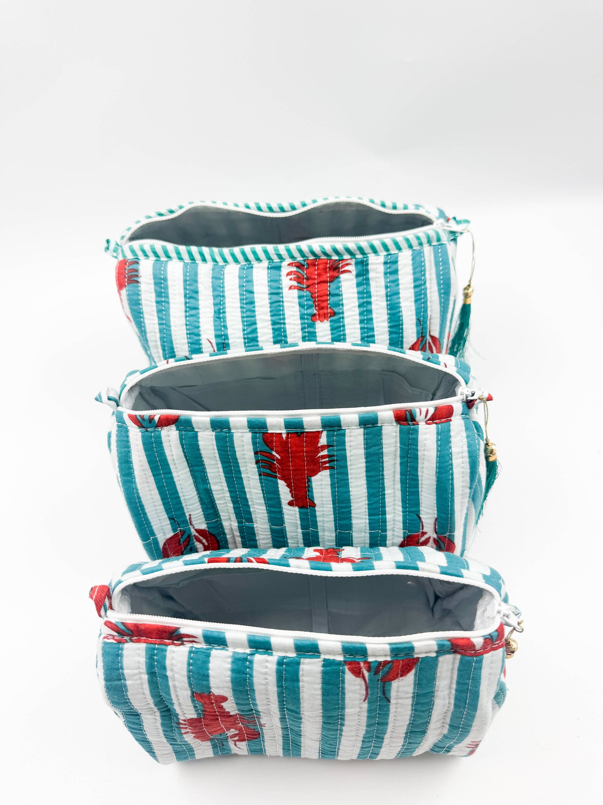 Set of Three Quilted Wash Bags with Turquoise & White Stripe Lobster Print