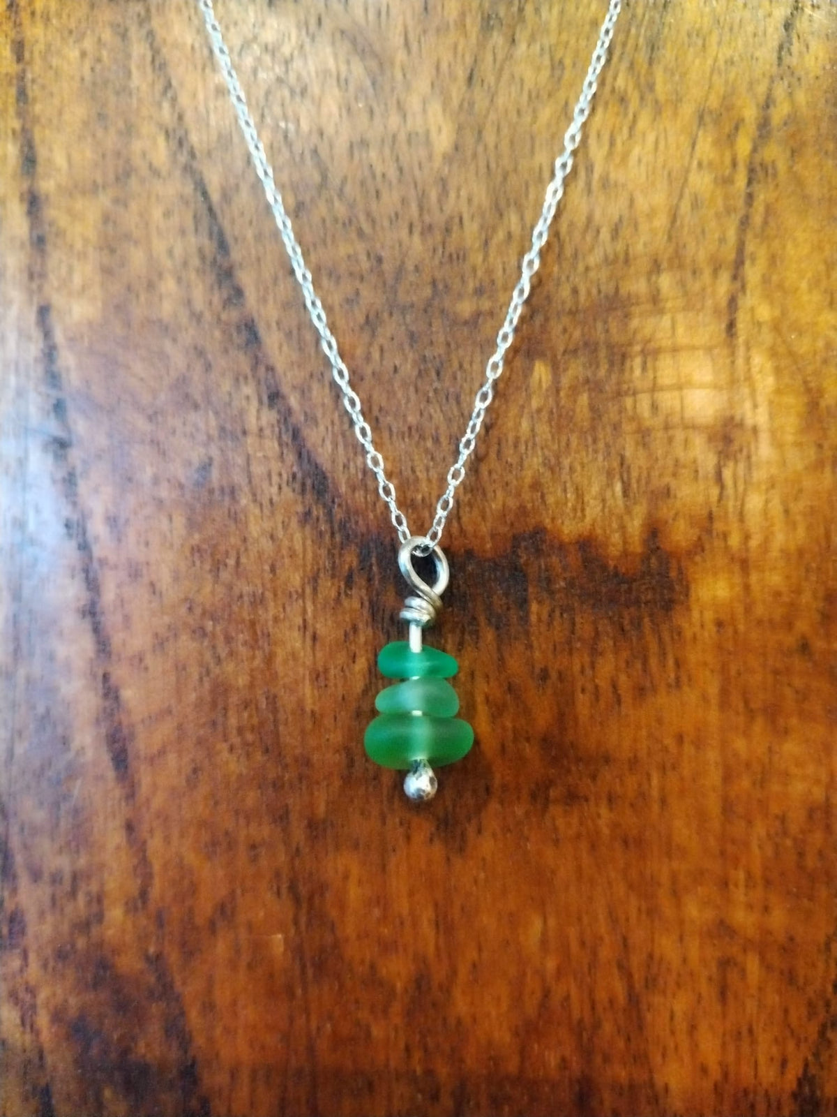 Green Sea Glass Necklace – Three Bead Sterling Silver Pendant