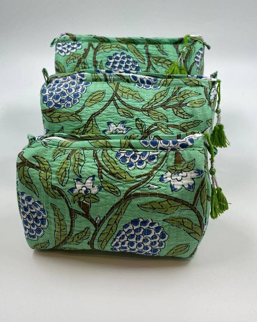 Blue Flowers & Green Vine Quilted Set Of Three  Wash Bags