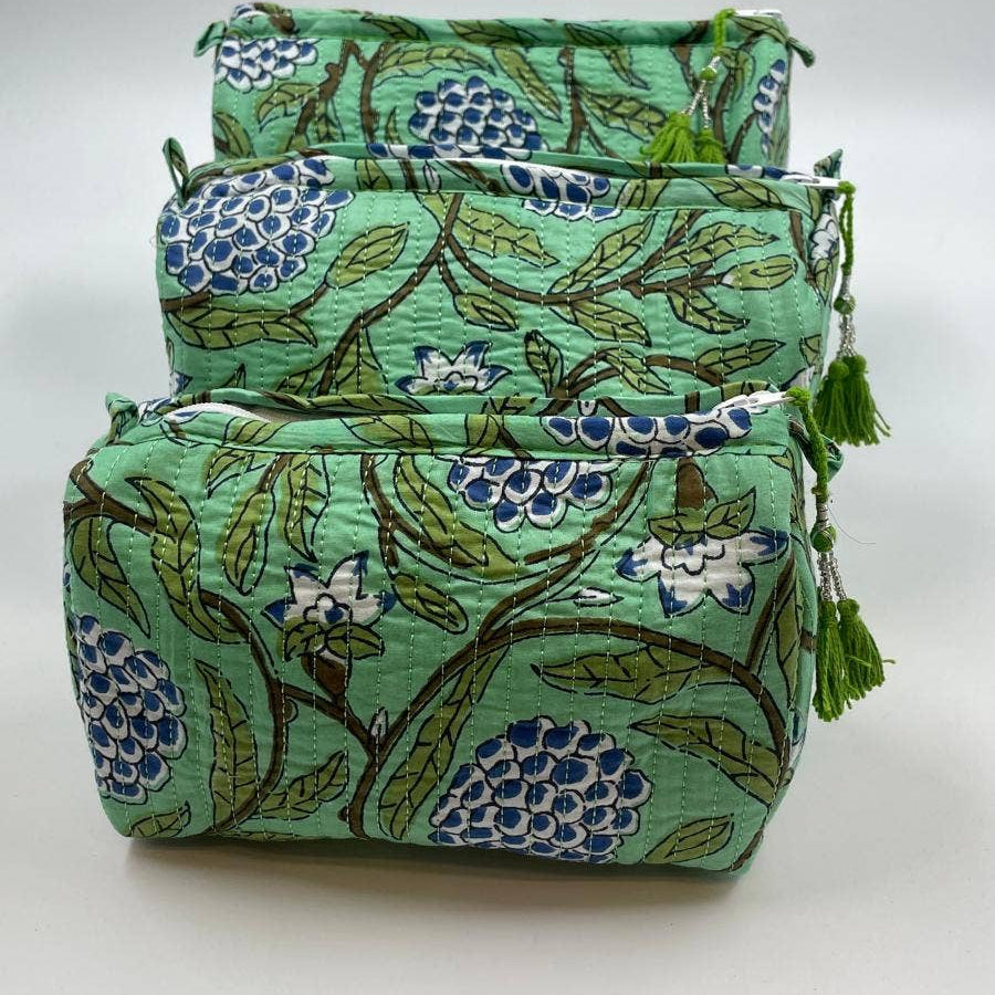 Blue Flowers & Green Vine Quilted Set Of Three  Wash Bags