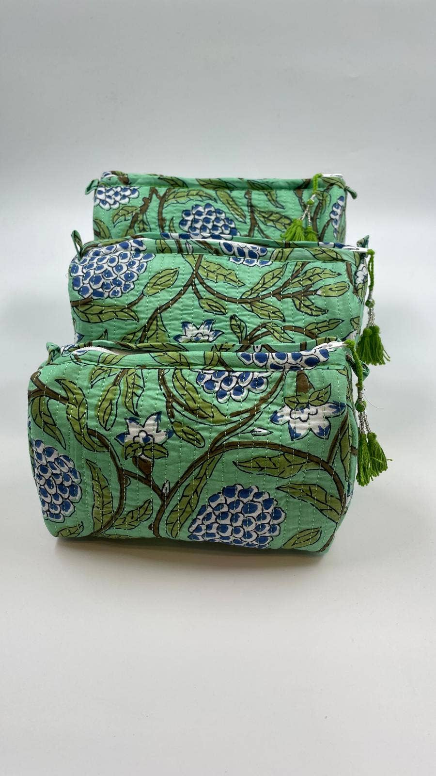 Blue Flowers & Green Vine Quilted Set Of Three  Wash Bags