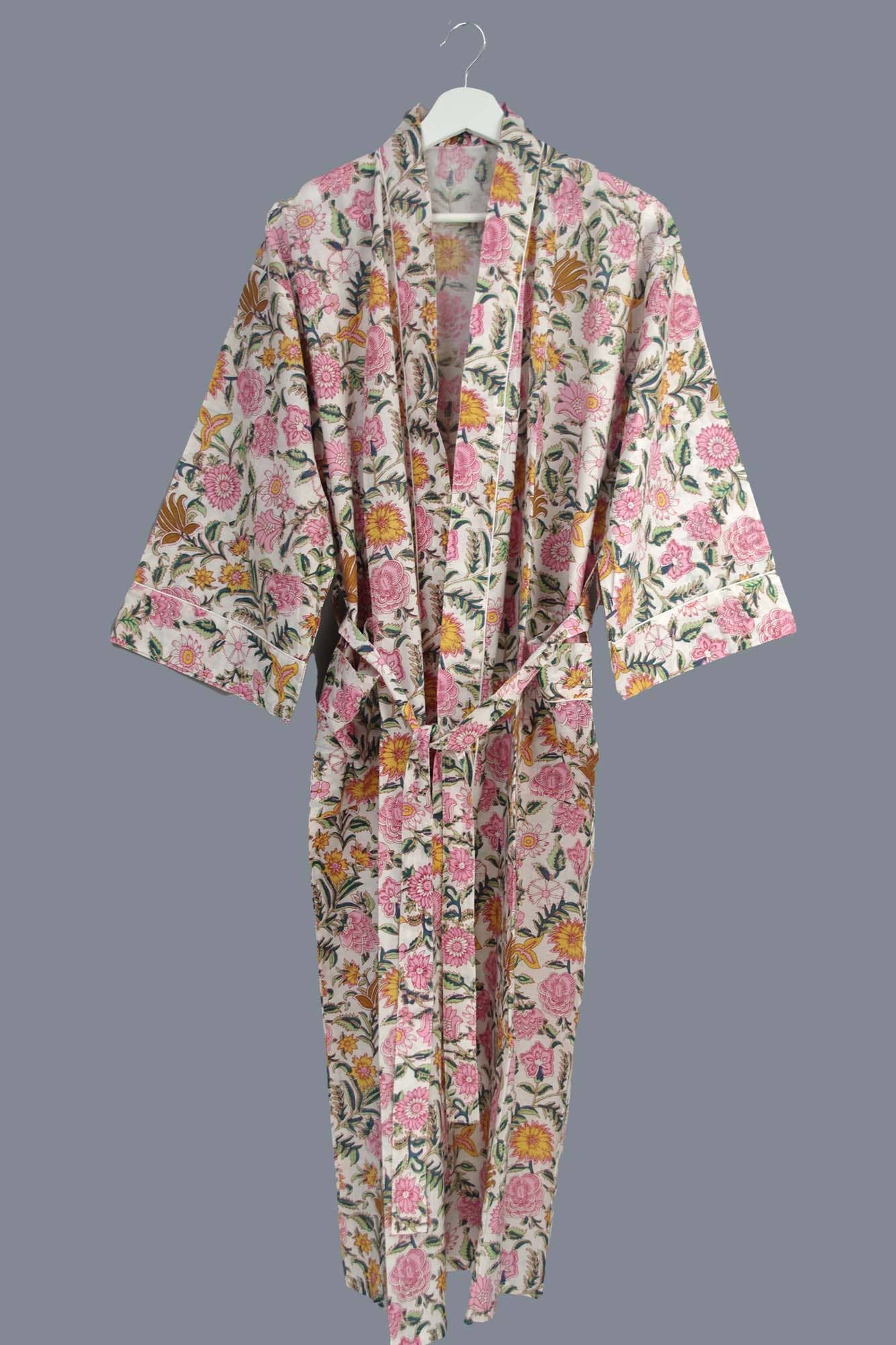 Cotton Kimono Dressing Gown with Pink and Gold Wildflowers