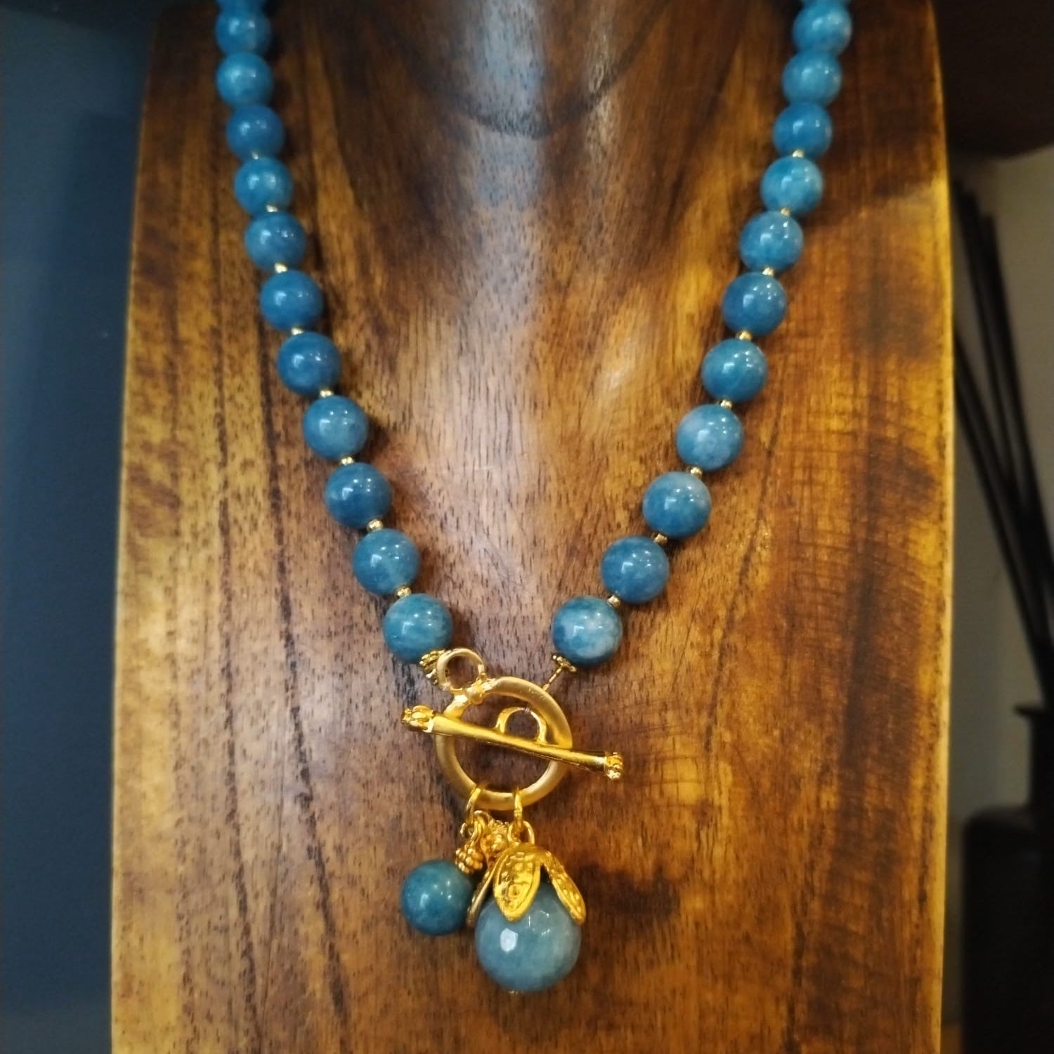 Pale Blue Angelite Necklace with Gold Details and Flower Bud 43cm