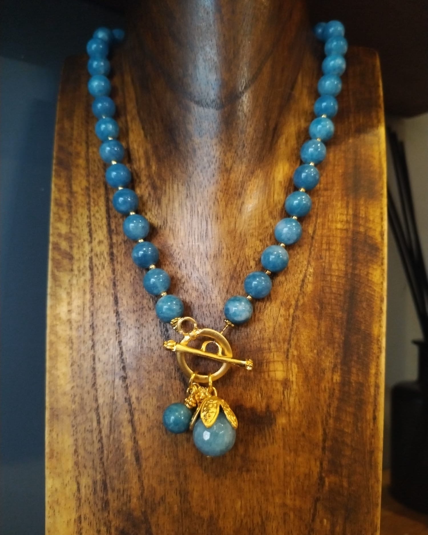 Pale Blue Angelite Necklace with Gold Details and Flower Bud 43cm