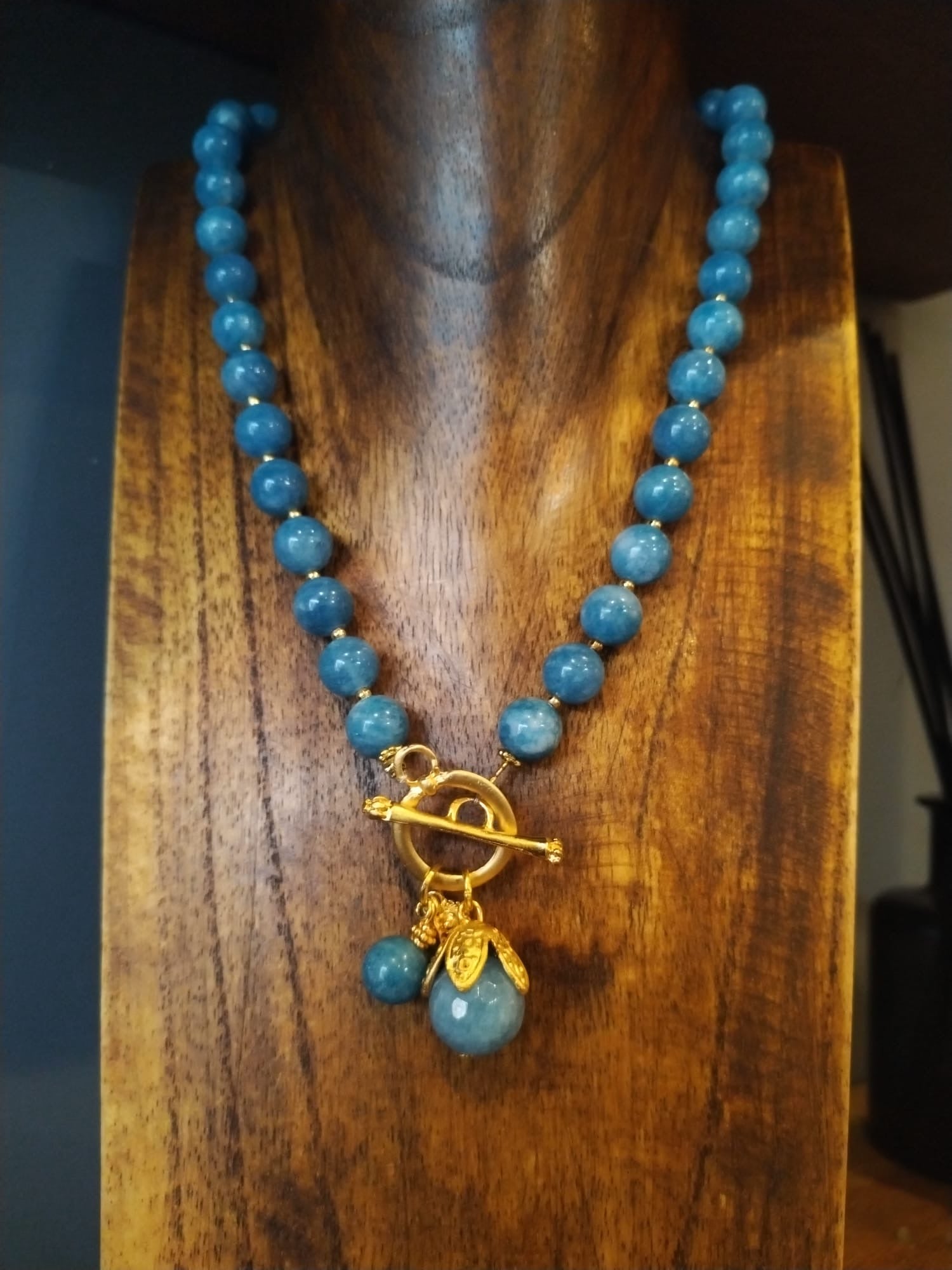 Pale Blue Angelite Necklace with Gold Details and Flower Bud 43cm