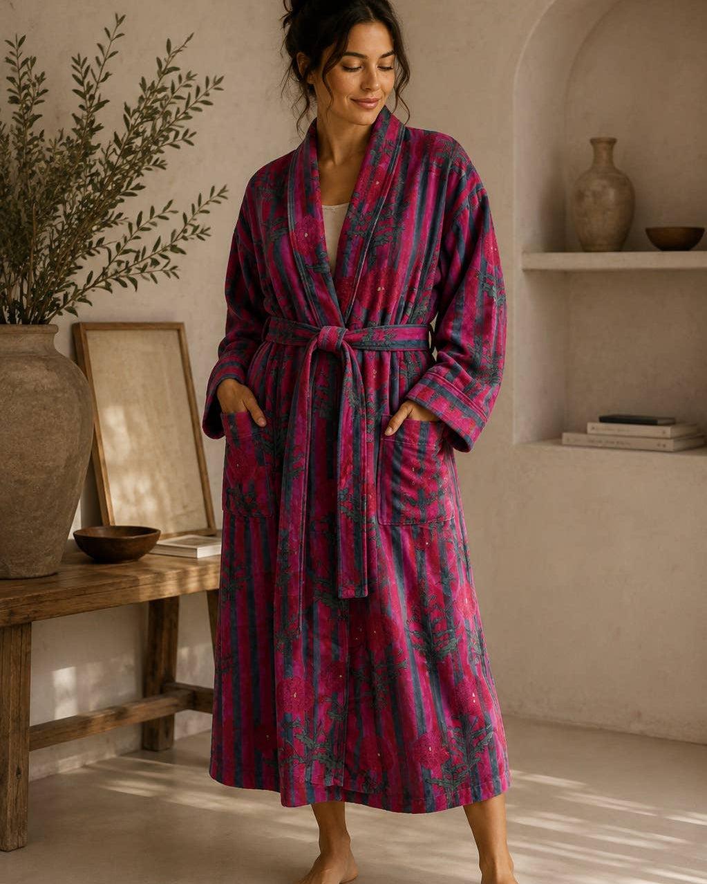 Pink striped velvet kimono robe with red flower print