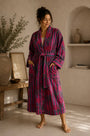 Pink striped velvet kimono robe with red flower print
