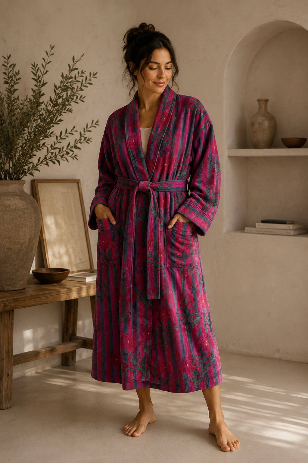 Pink striped velvet kimono robe with red flower print