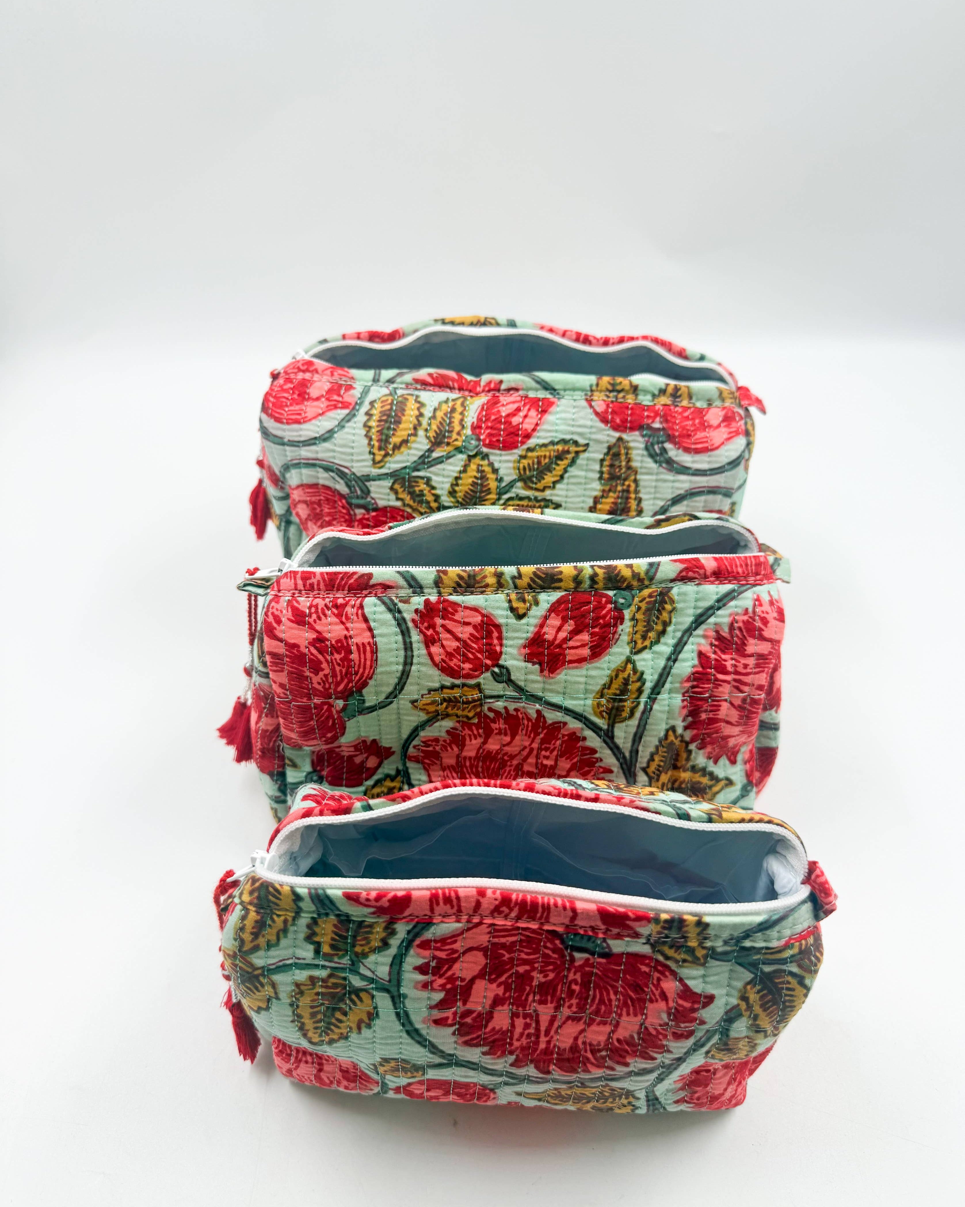 Set of Three Pink Floral Quilted Wash Bags