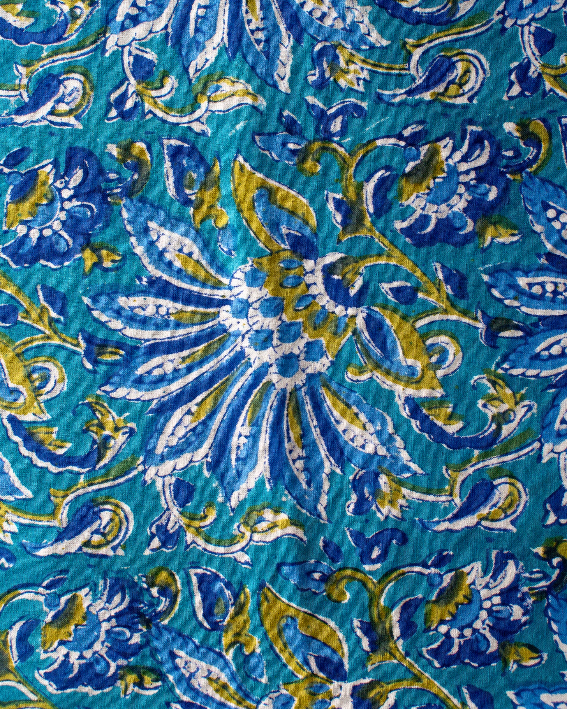 Blue Floral Rowde Hand Block Printed Cotton Tablecloth 150 x 220 cm