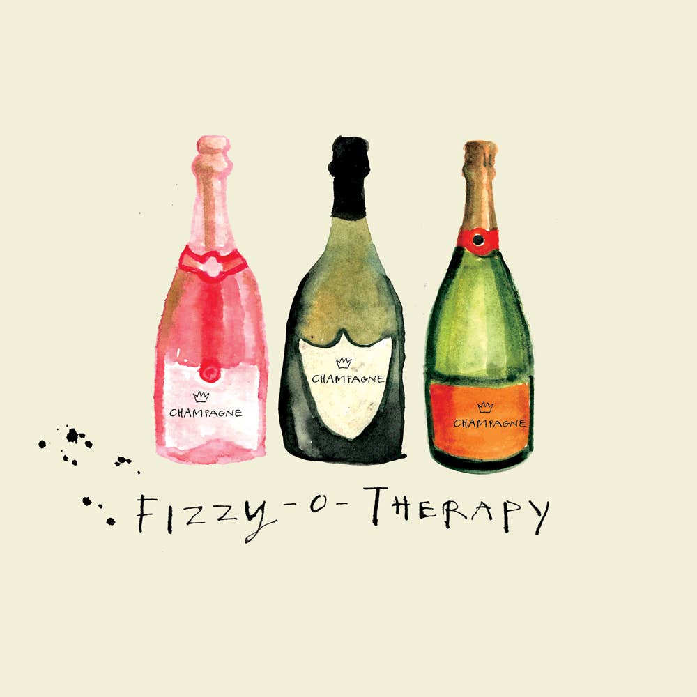 Three champagne bottles with colorful labels on a beige background, accompanied by the text 'Fizzy-o-Therapy'.